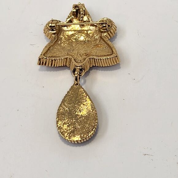 Amber Brown Tone Faux Stone Cluster Brooch Pendant Gold Tone Dangle Teardrop - Picture 2 of 5